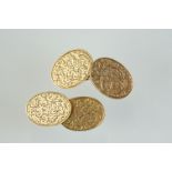 Pair of late Victorian 9ct yellow gold chain link cufflinks, the oval panels with engraved foliate