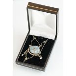 Enamelled seed pearl and paste white metal pendant necklace, blue enamel, split seed pearls and