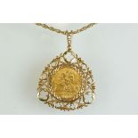 Half sovereign coin pendant necklace, Edward VII 1912, 9ct gold coin mount, 9ct gold fancy link