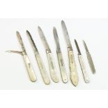 Five late 19th / early 20th century silver bladed fruit knives with MOP handles, to include a