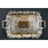 Walker & Hall large twin-handled silver plated butler's tray, with cast grape and vine border, and