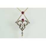 Art Nouveau ruby, diamond and pearl silver and 15ct yellow gold pendant necklace, two round mixed