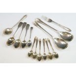 Small collection of silver flatware to include a pair of late Victorian serving spoons with