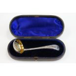 Victorian parcel gilt silver tea strainer, heavily chased with scrolling & floral decoration,