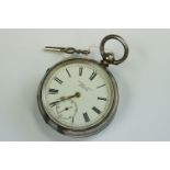 Late Victorian silver open face key wind pocket watch, English Lever, Bennett Plymouth, white enamel