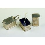 Art Deco silver three-piece condiment set of plain polished octagonal form, with ribbed upper and