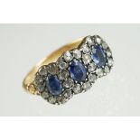 Georgian-style sapphire and diamond yellow gold three stone cluster ring, three oval mixed cut