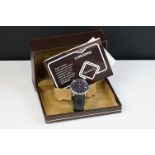 Gents Longines date watch. Blue dial. Quartz movement. Original box and instruction manual.