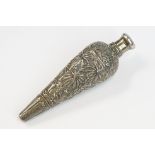 Indian white metal conical scent bottle, the chased decoration depicting a lion chasing an