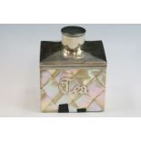 Late Victorian silver and mother-of-pearl tea caddy of rectangular form, the plain polished lid with