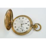 Gold plated full hunter top wind pocket watch, Russell & Son of Liverpool, white enamel dial and