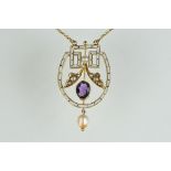 Edwardian amethyst, pearl and enamelled 18ct yellow gold pendant necklace, the white enamelled