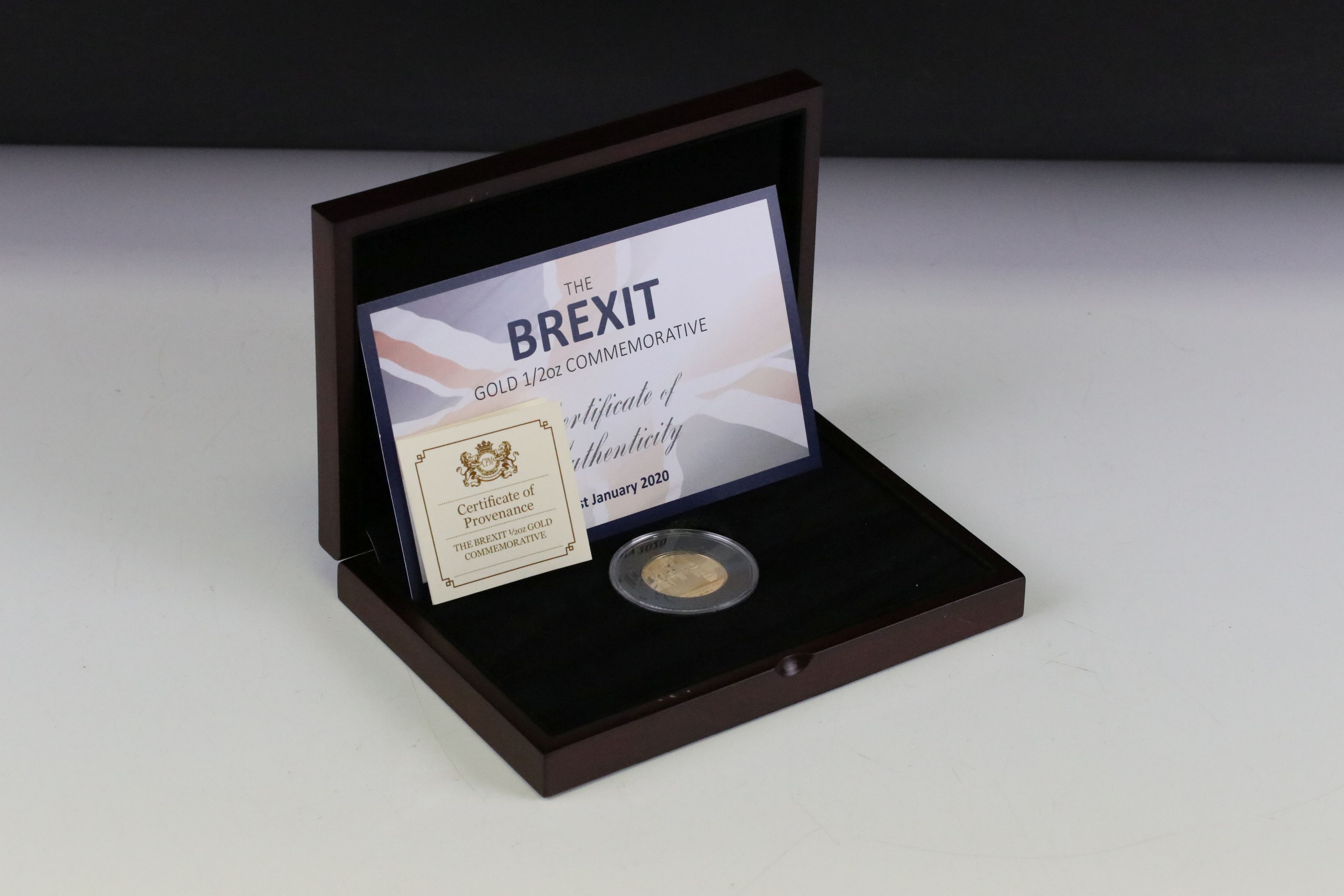 A 2020 Brexit 1/2oz fine gold commemorative proof coin, complete with COA, display case and outer
