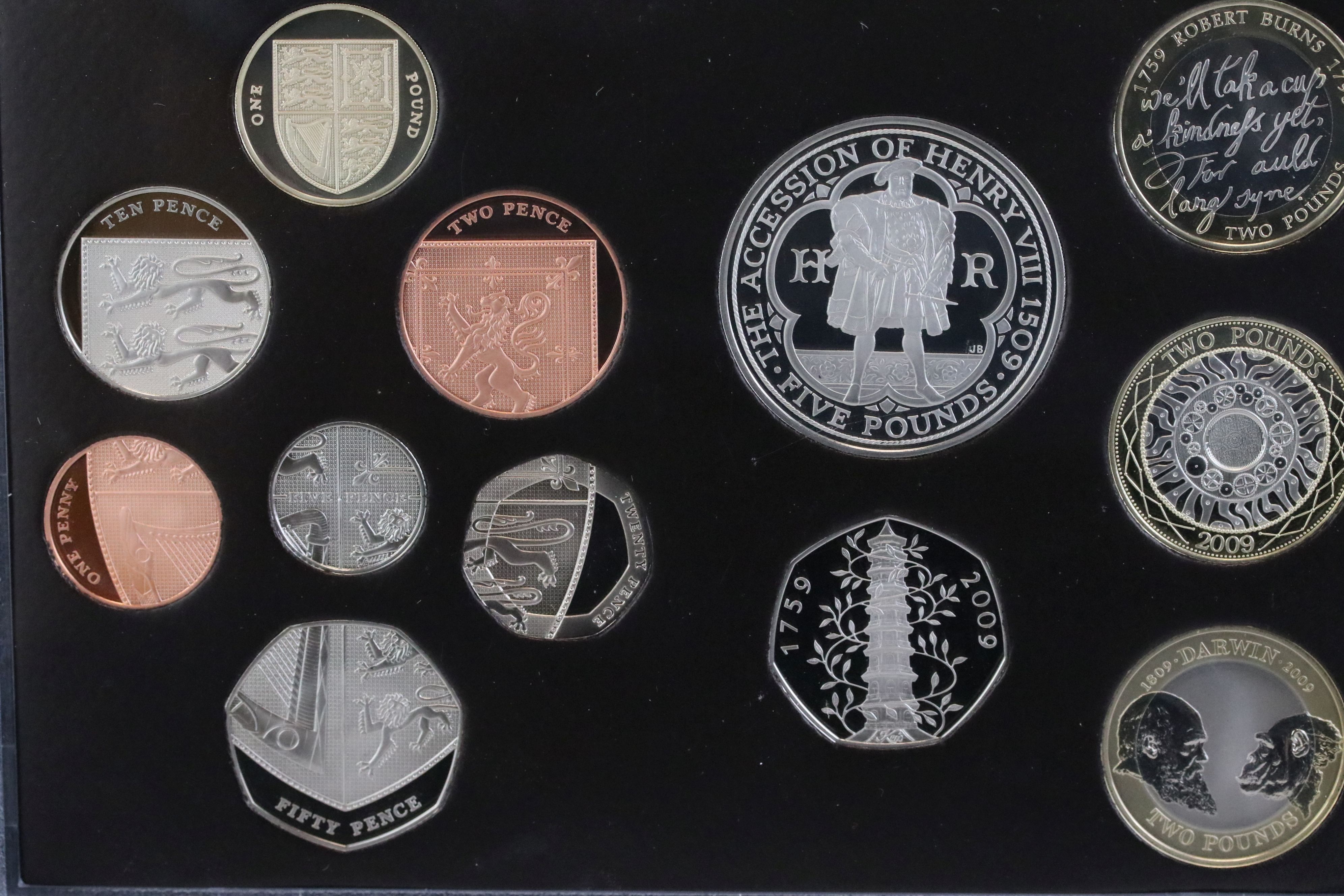 The Royal Mint 2009 UK Proof Coin Set, 12 coins from £5 to 1p, including a 2009 Kew Gardens Fifty - Image 2 of 7