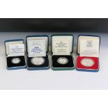 A collection of four Royal Mint cased silver proof coins to include QEII 90th Birthday crown, 1992