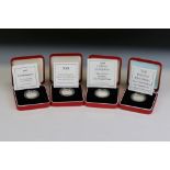 A collection of four silver proof piedfort £1 / one pound coins complete with red display cases