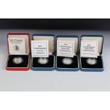 A collection of four Royal Mint cased silver proof coins to include 1992 one pound coin, 1989 one