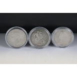 A collection of three British pre decimal silver Queen Victoria full crown coins to include a