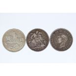 A collection of three British pre decimal silver full crown coins to include 1937 (King George