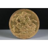 A British 1908 King Edward VII gold full sovereign coin (Perth Mint Mark).
