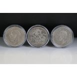 A collection of three British pre decimal silver full crown coins to include a King Edward VII 1902,