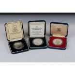 A collection of three silver proof cased coins to include The 1982 Falkland Islands Liberation
