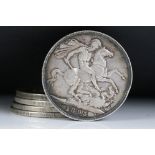 A collection of five British pre decimal silver full crown coins to include 1889, 1890, 1895 and