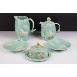 Art Deco Shorter & Sons Ltd Green Glazed Part Breakfast Set with moulded relief decoration of