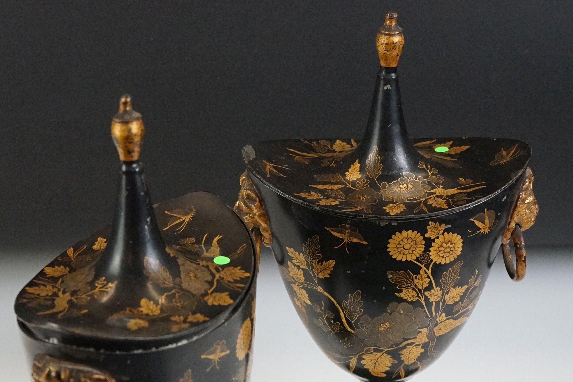 Pair of 20th Century Japanned helmet-shaped metal urns & covers with twin lion mask loop handles ( - Image 4 of 10