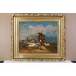 Late 19th / Early 20th Century Oil on Canvas, Cattle and Sheep in a Hilly Rural Landscape, gilt