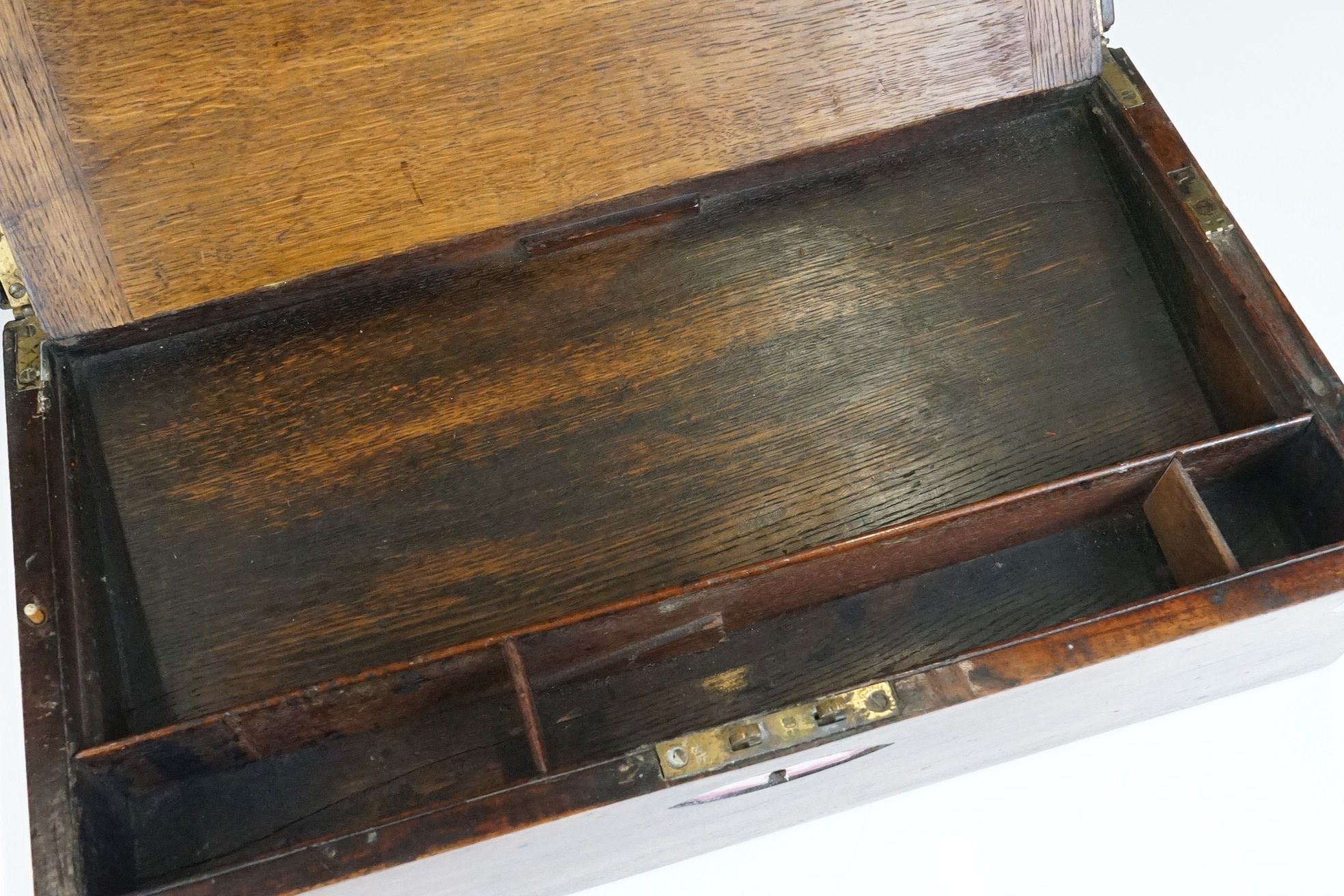 19th Century mahogany writing box of rectangular form, with 'secret' drawer to one end with brass - Image 6 of 8