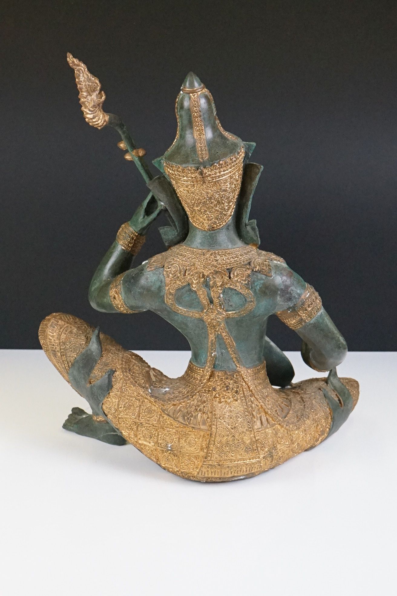 Pair of Thai bronze & gilt sculptures of deities playing musical instruments, one playing a Sueng, - Image 10 of 10