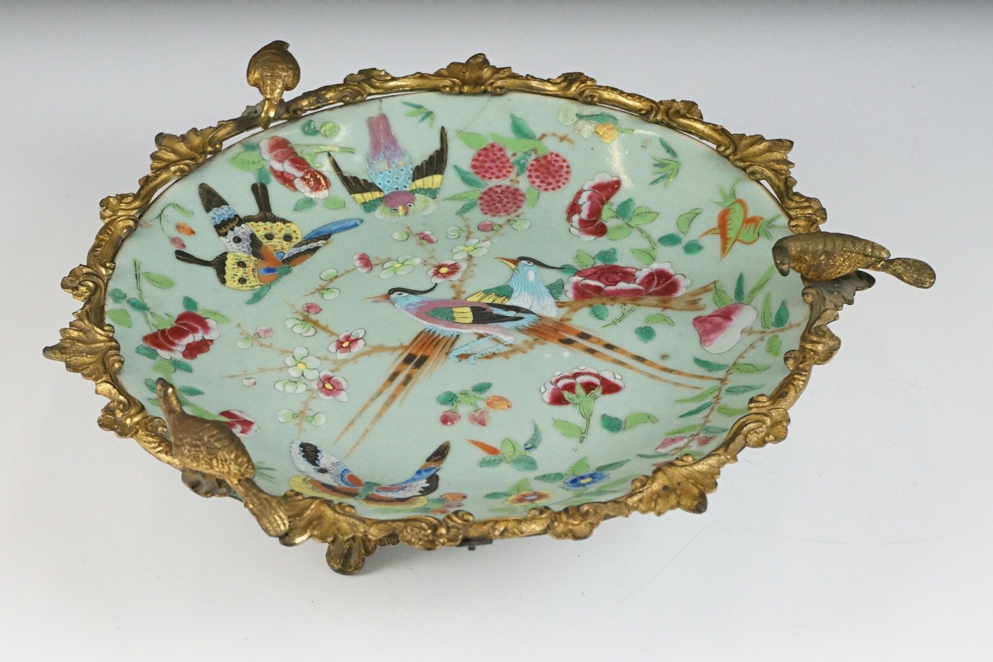 Chinese Famille Rose plate depicting a figural scene, with floral border, in gilt metal mount with - Image 12 of 18