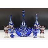 Glass Blue Flash Cut Decanter and Stopper, 37cm high together with a Pair of Blue Flash Cut