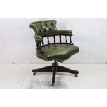 Victorian style Green Button Leather Office Swivel Chair, 62cm wide x 87cm high