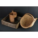 3 Vintage wicker baskets to include a log basket, stair basket and large rectangular basket (60cm