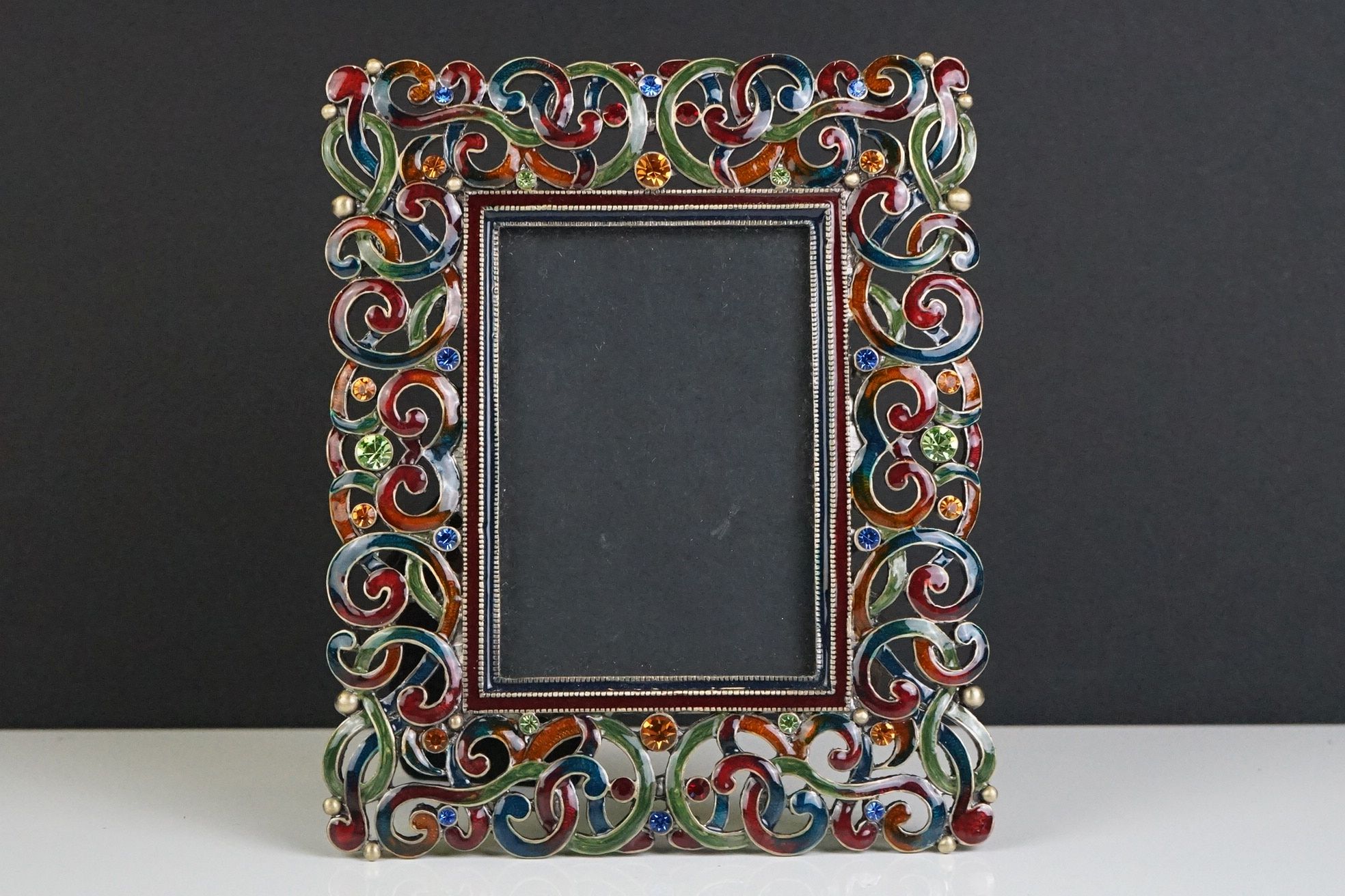 Enamelled Pierced Scrolling Easel Back Photograph Frame, 15cm x 12cm - Image 2 of 3