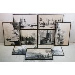 Eleven similar Black and White Prints of Antique Engravings depicting Castles and Fortified