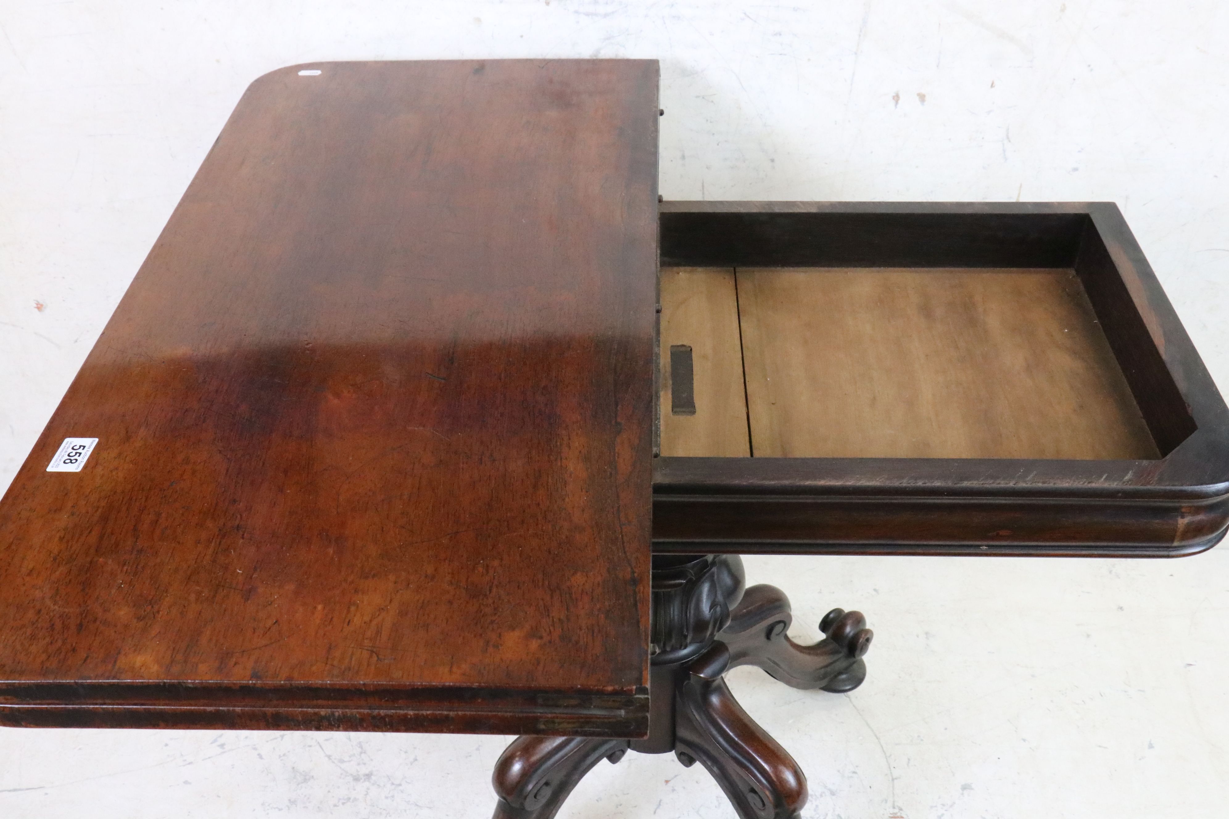 19th century Rosewood Fold over Tea Table raised on a bulbous carved pedestal support with four - Image 4 of 7
