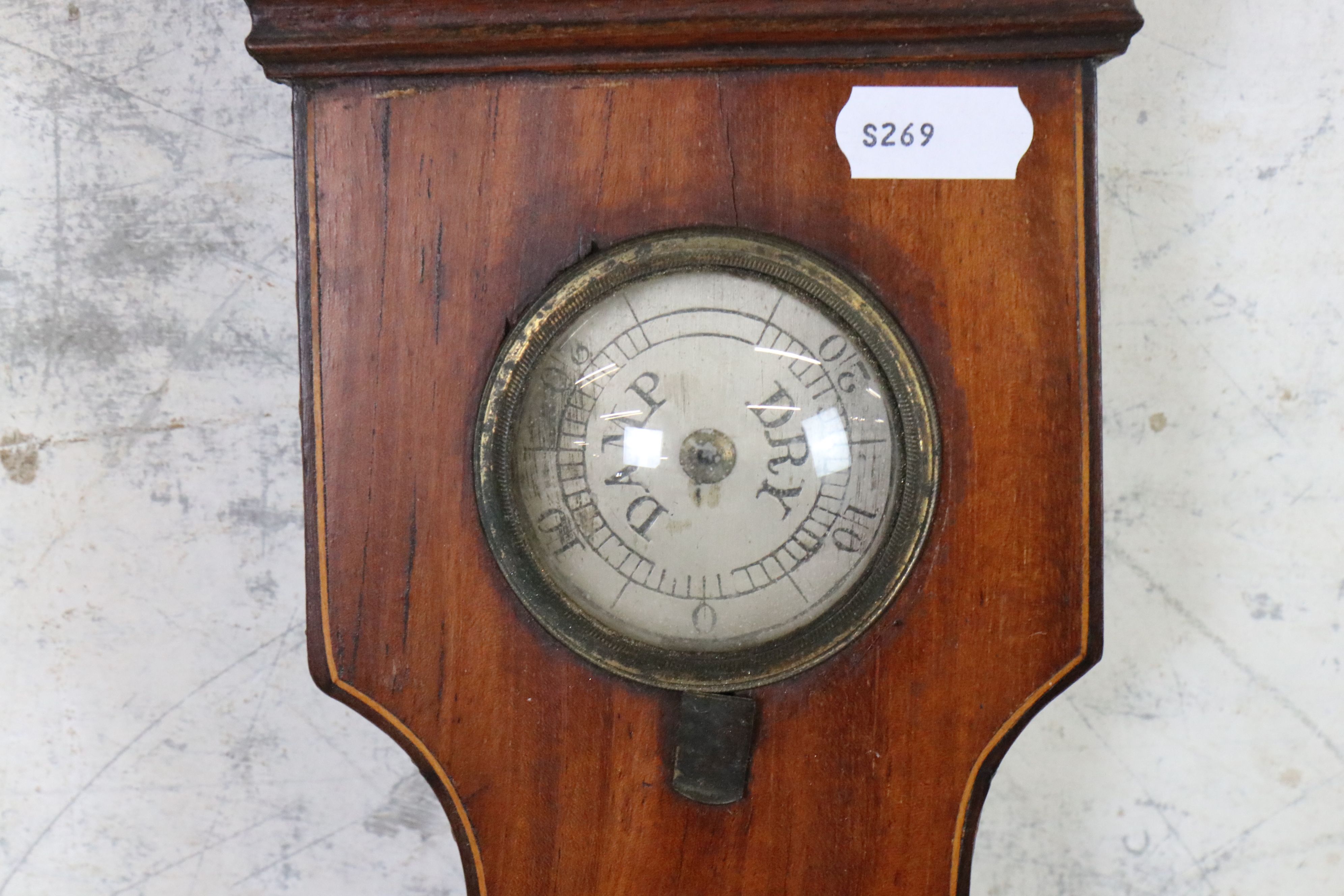 19th century Mahogany Wheel Barometer with hygrometer, thermometer, convex mirror and spirit bubble, - Image 6 of 6