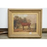 Oil Painting on Canvas of a Bay Horse and a Dog outside a stable, 39cm x 49cm, gilt framed