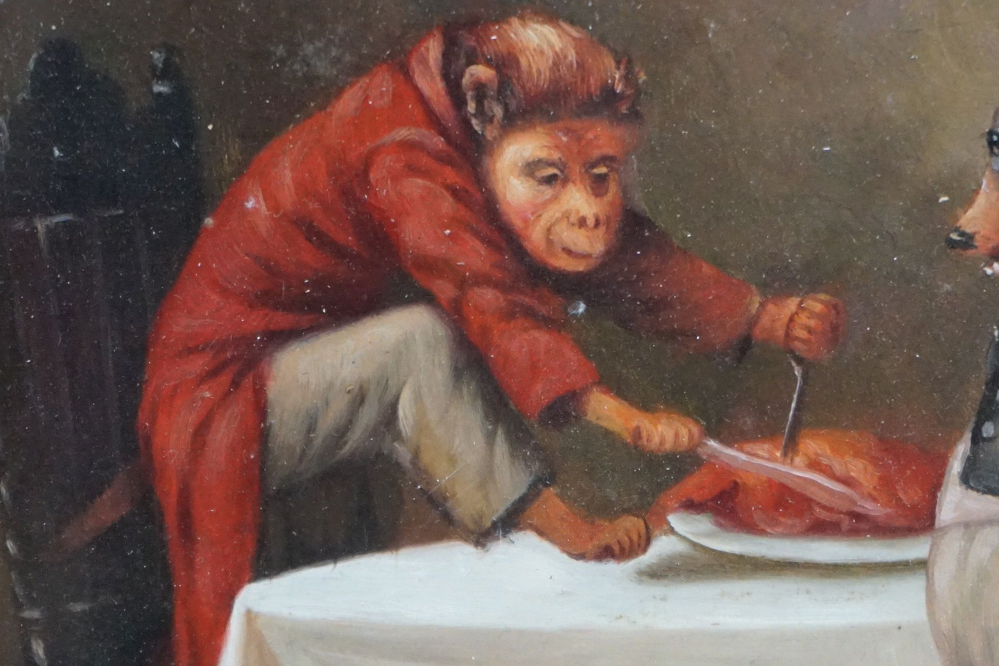 Oil on Board a Satirical Portrait of a Bear and a Monkey enjoying a feast - Image 3 of 6