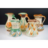 Five Art Deco Myott Hand Painted Water Jugs, three marked 8974, H8301 and 9103, the other two marked