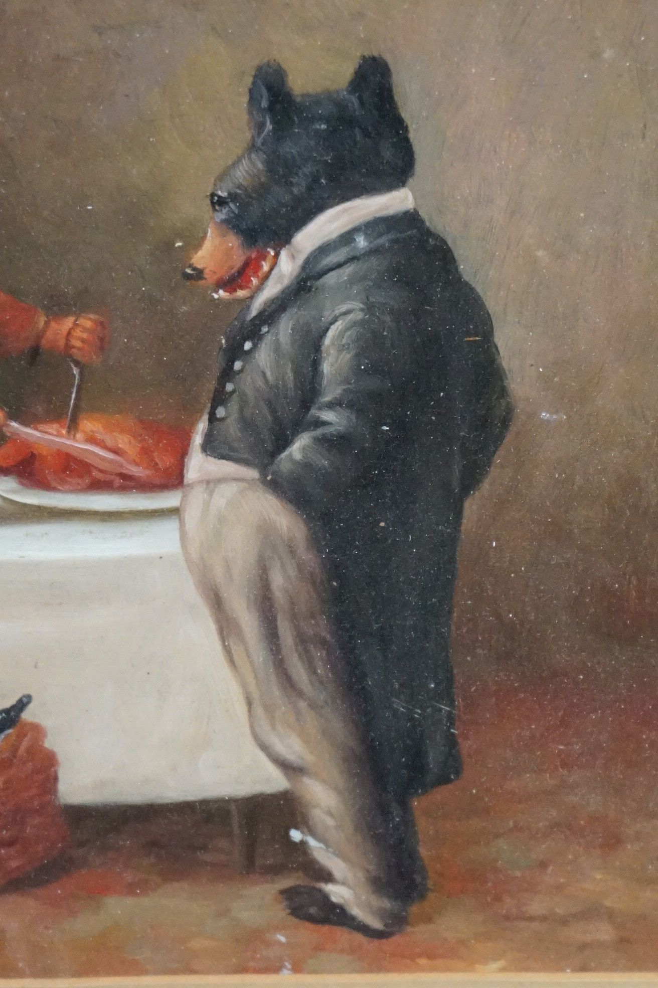 Oil on Board a Satirical Portrait of a Bear and a Monkey enjoying a feast - Image 4 of 6