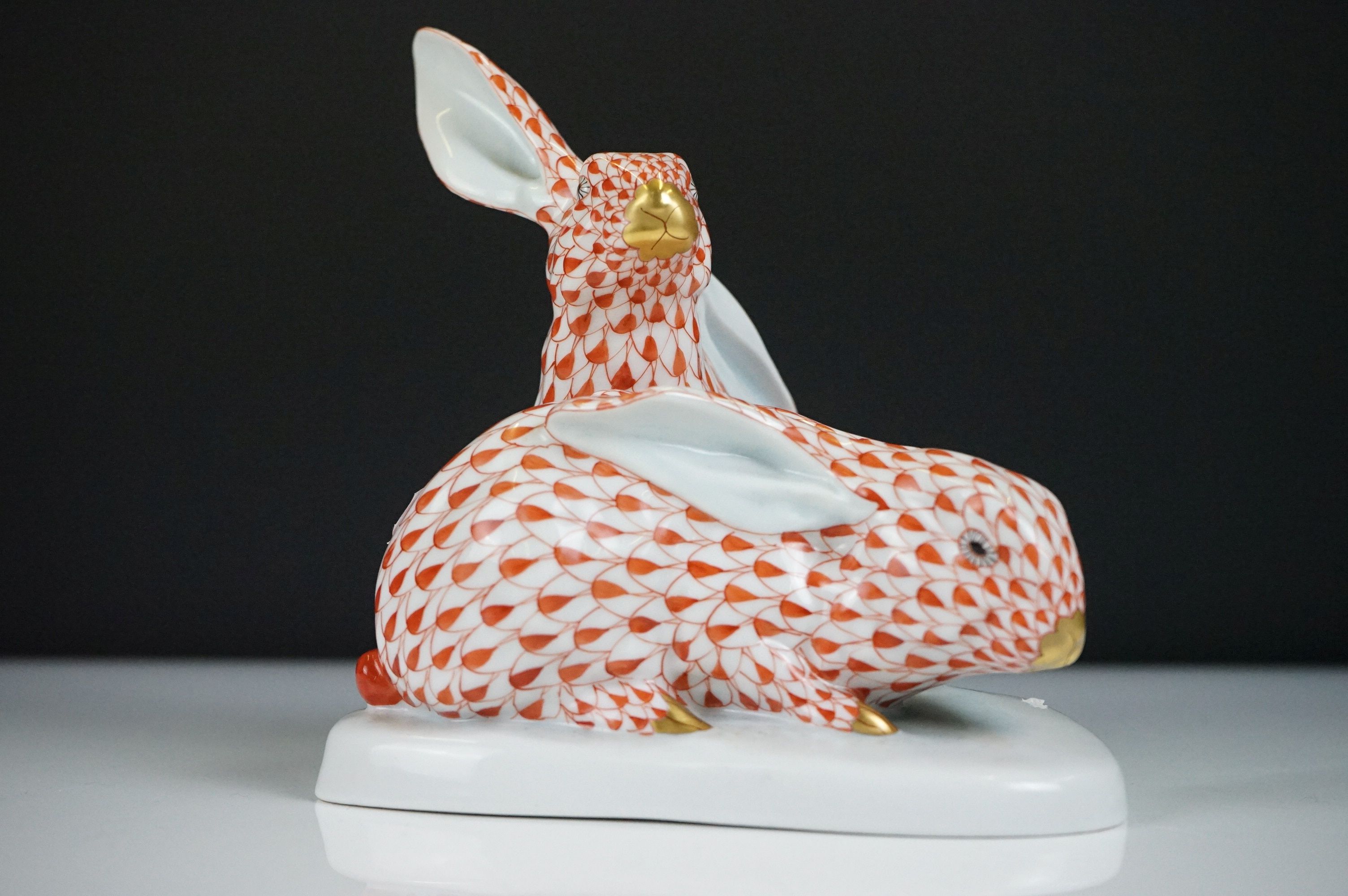 Herend porcelain group of Two Hares, orange pattern 14cm high together with a Pair of Herend Trinket - Image 2 of 7