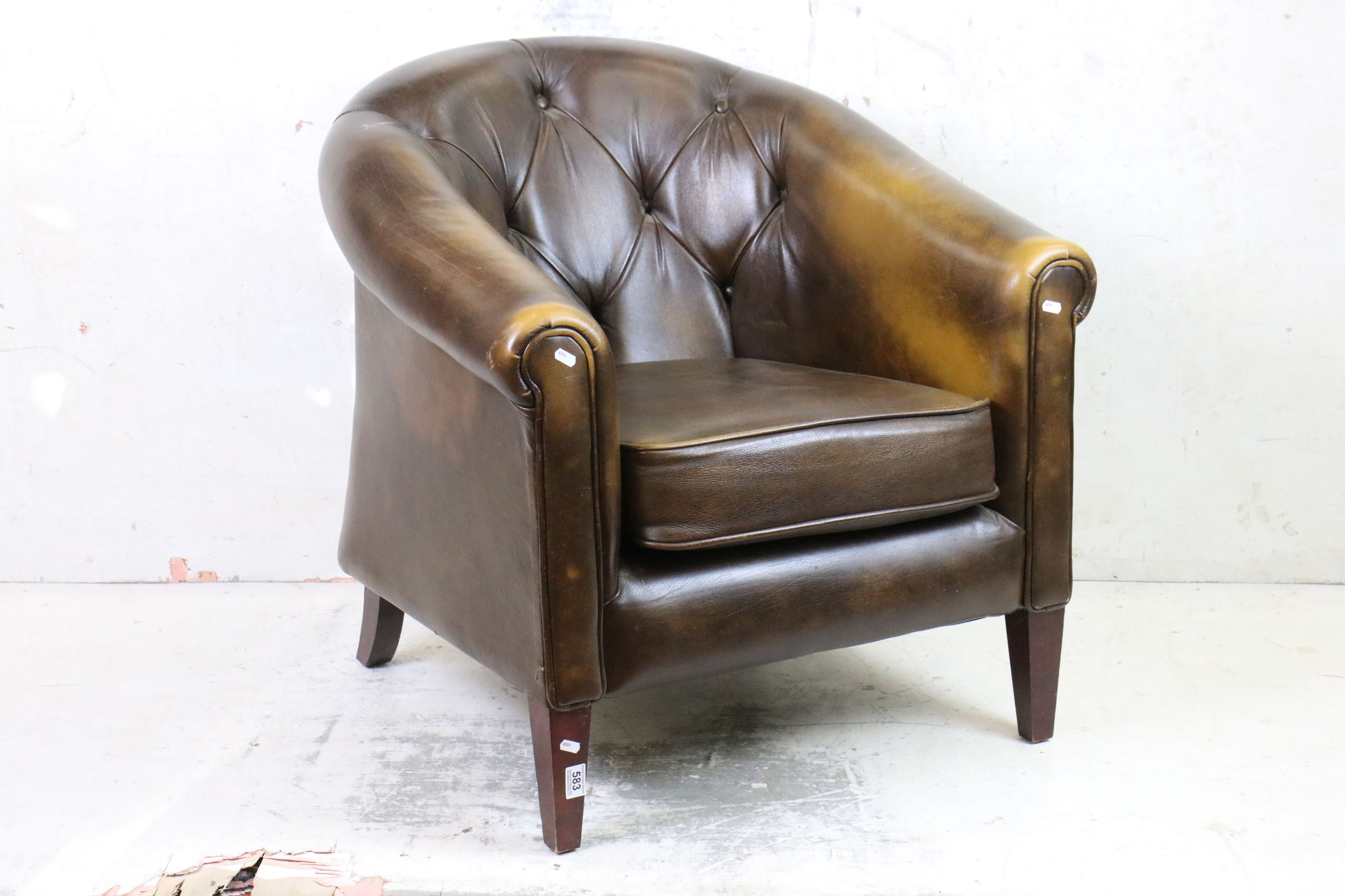 Thomas Lloyd Brown Leather Tub Armchair with button back, 74cm wide x 82cm deep x 84cm high