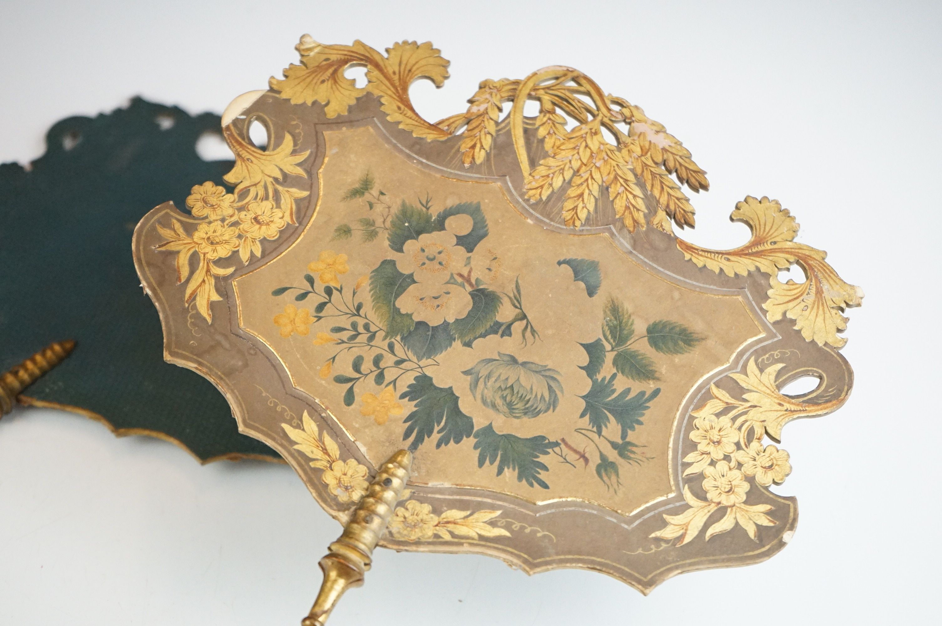 Pair of 19th century Hand Painted Board Hand-held Face Fire Screens, each decorated to one side with - Image 5 of 7