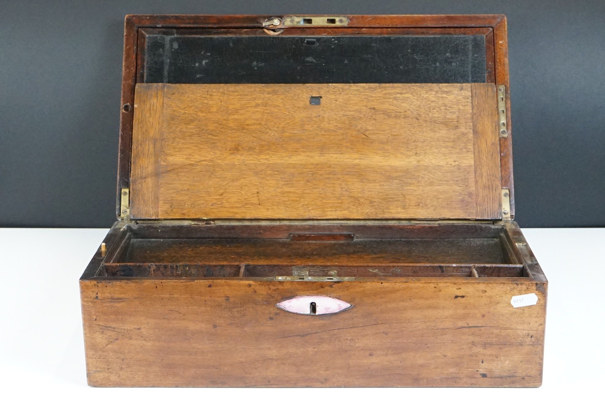 19th Century mahogany writing box of rectangular form, with 'secret' drawer to one end with brass - Image 5 of 8