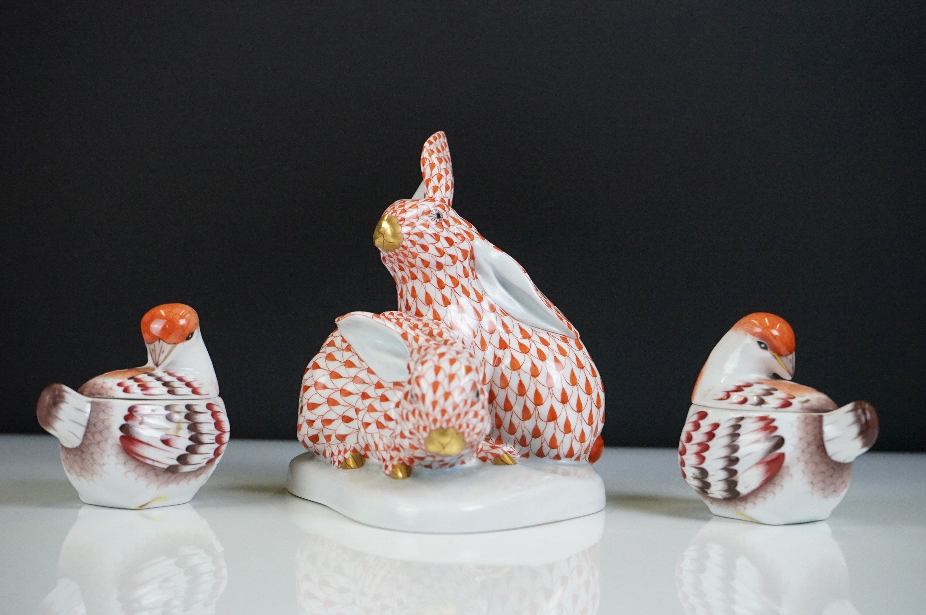 Herend porcelain group of Two Hares, orange pattern 14cm high together with a Pair of Herend Trinket