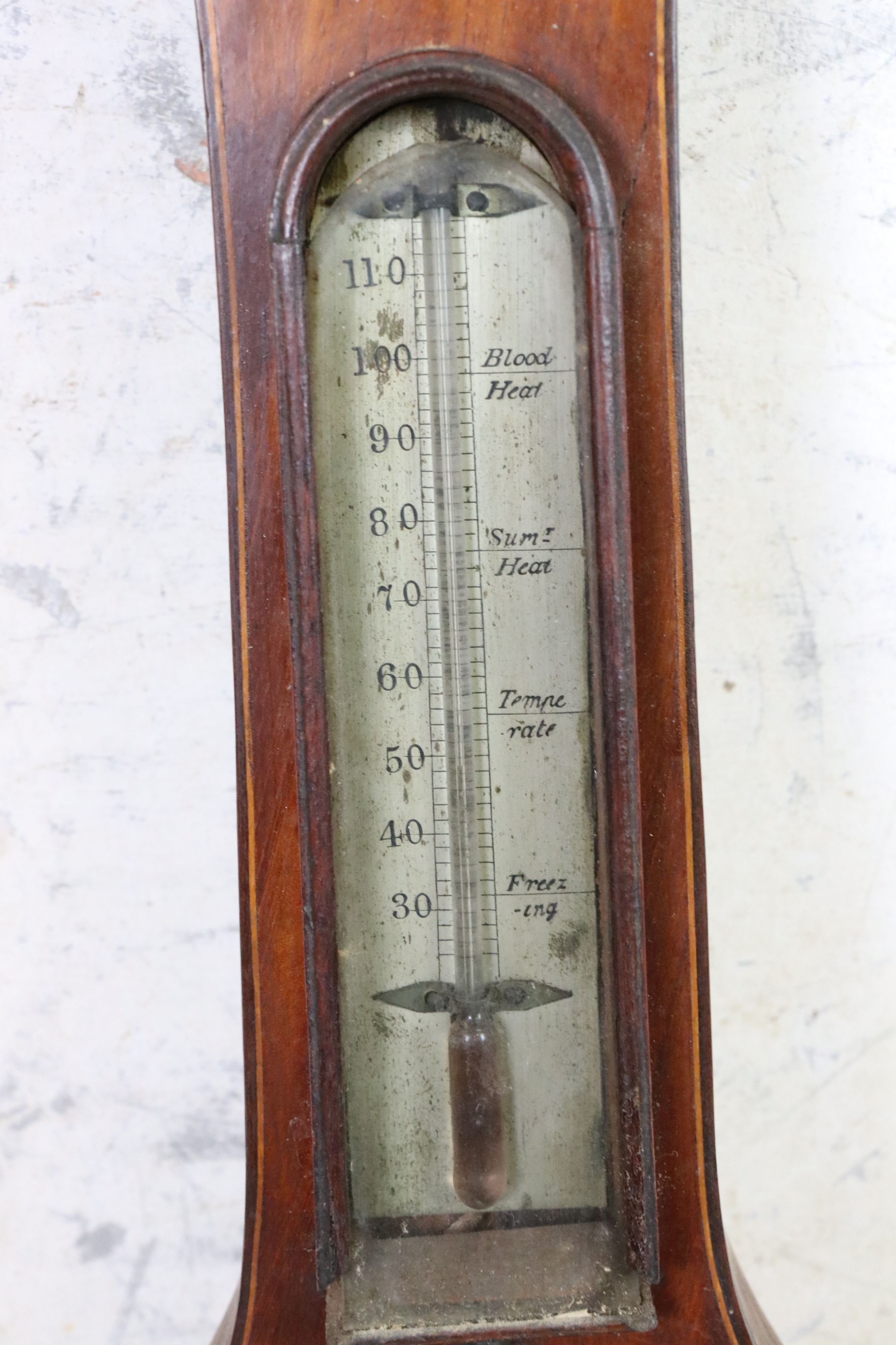 19th century Mahogany Wheel Barometer with hygrometer, thermometer, convex mirror and spirit bubble, - Image 5 of 6